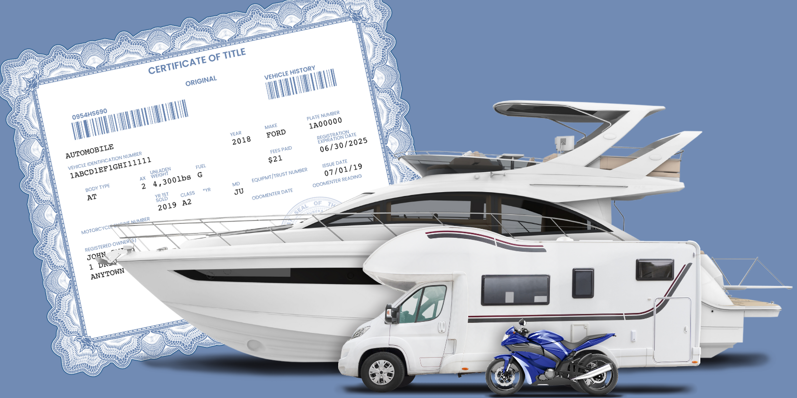 Example of a vehicle title behind images of a boat, RV, and motorbike.